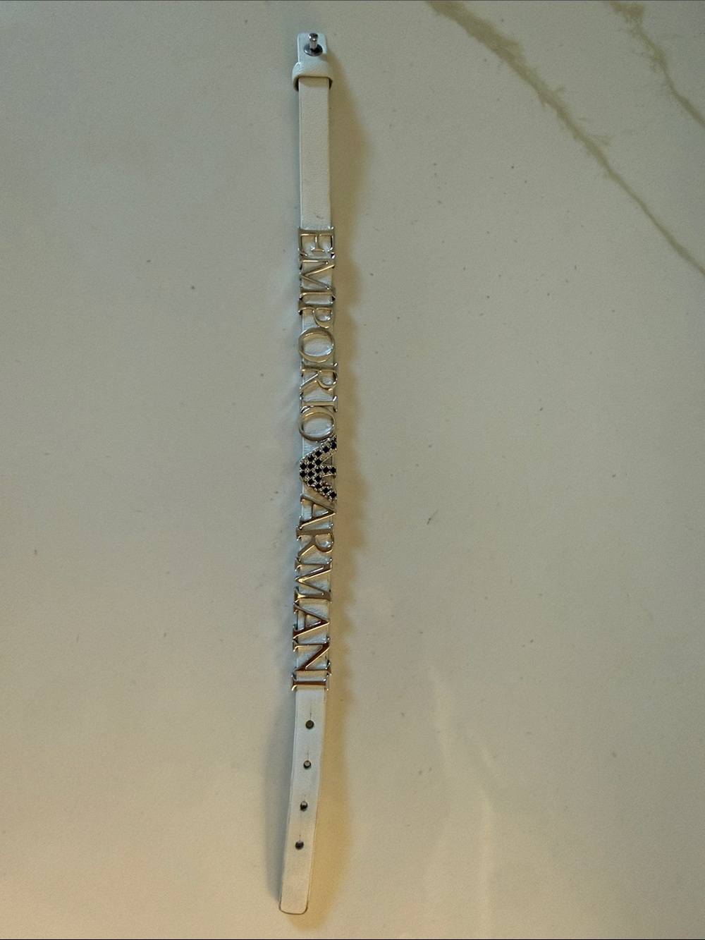 Emporio Armani White Leather strap bracelet with 925 Silver Emblem and letters